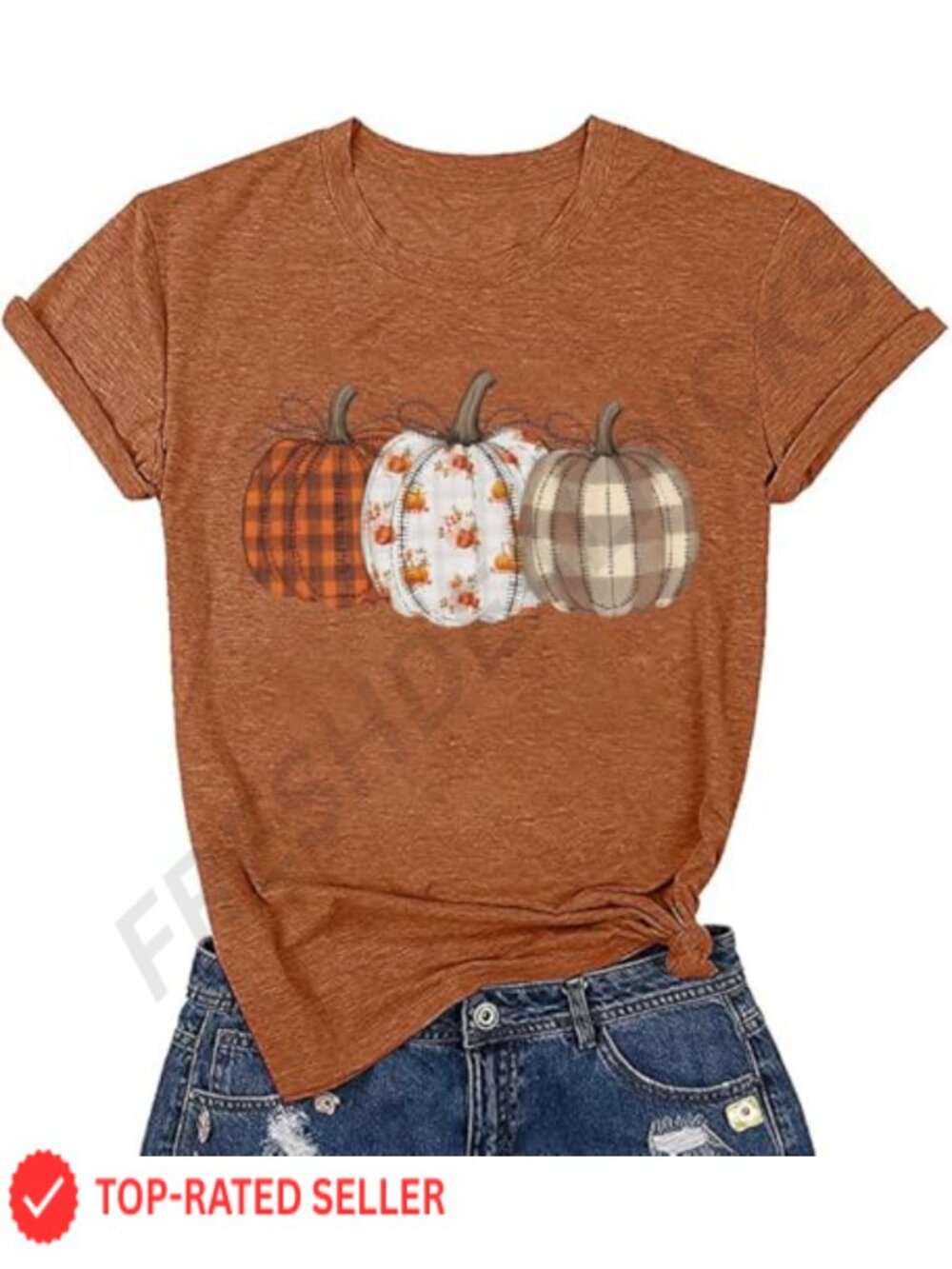 Fall Checkered Pumpkin T-Shirt Women Cotton Blend Crew Neck Short Sleeve